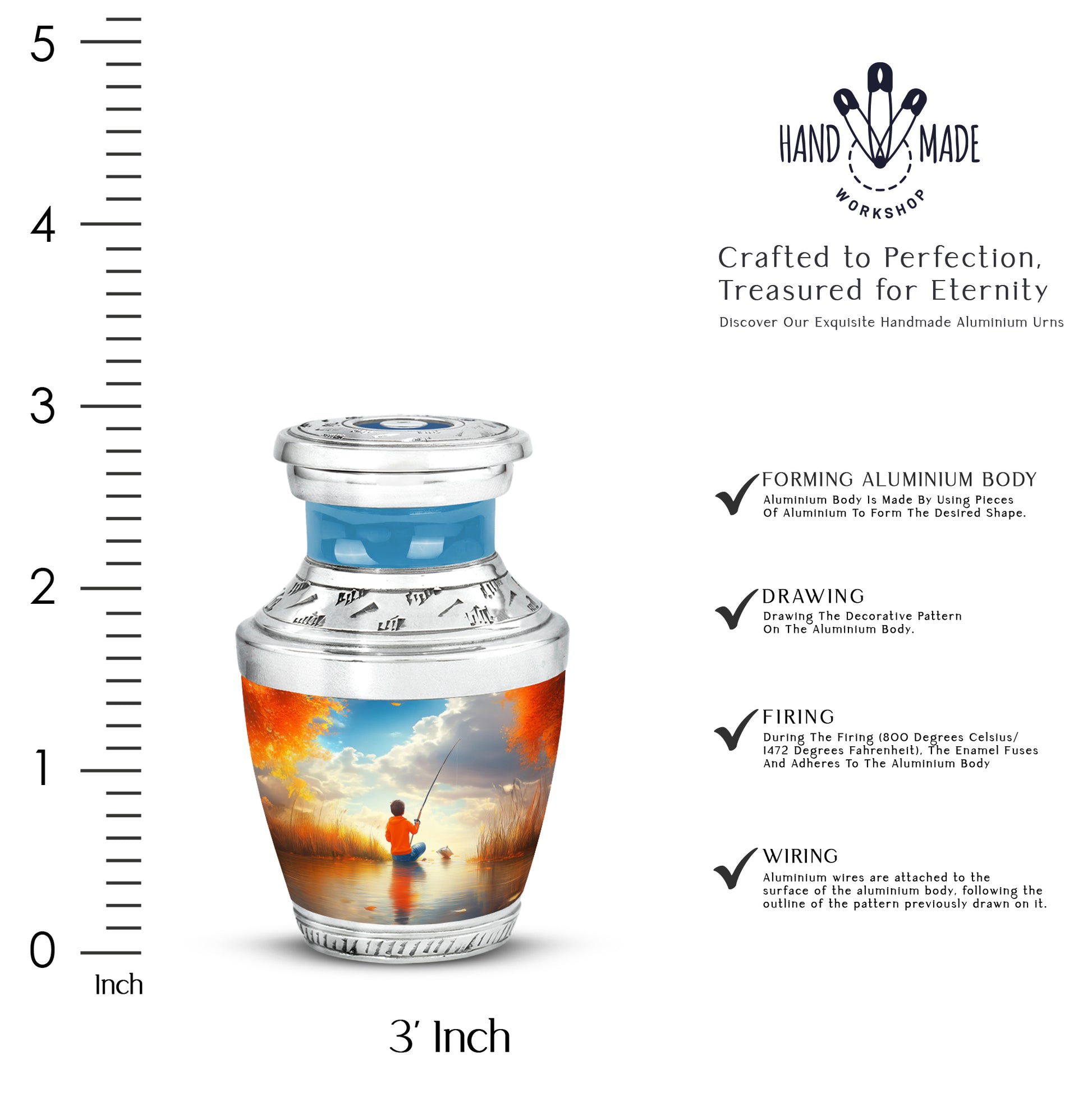 Soft Teal Fishing Cremation Urn top-down view of secure threaded lid - modern art-inspired fishing motif on sleek aluminum - mini keepsake memorial for portion of cremation ashes