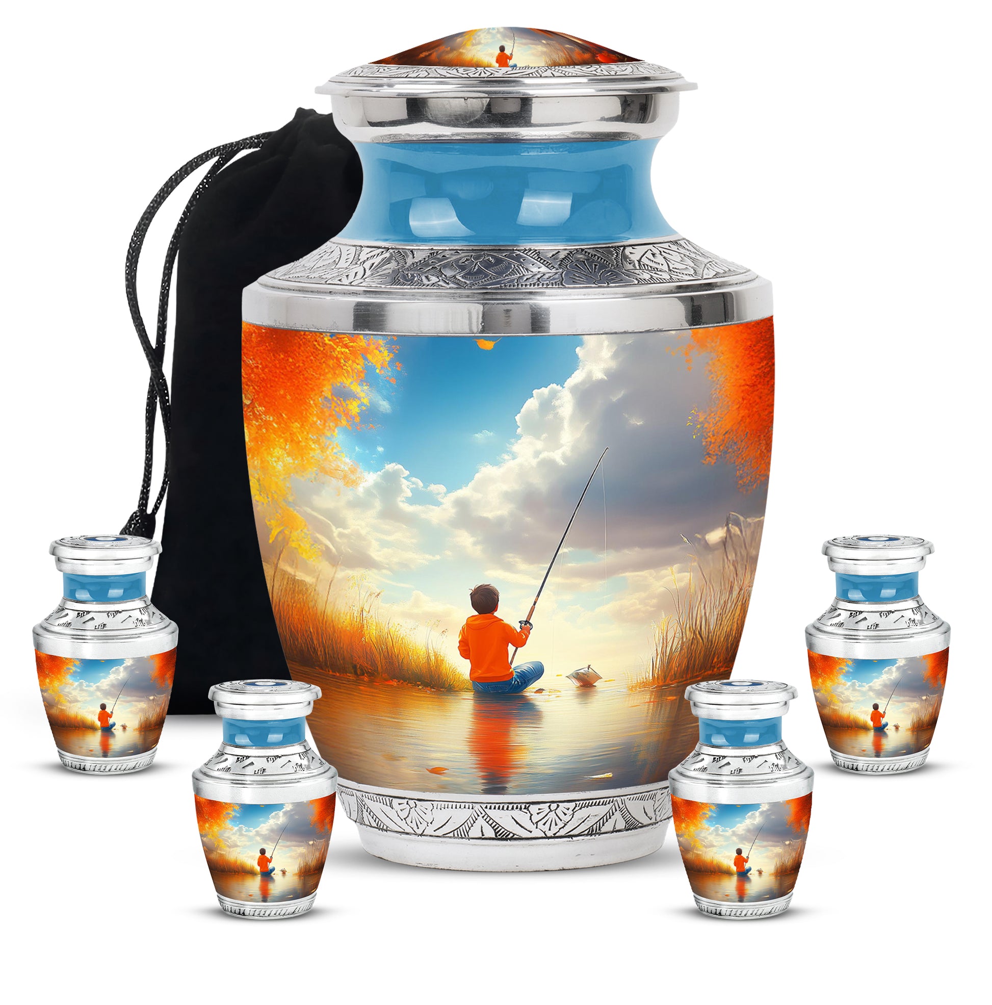 Ocean Teal Fishing Cremation Urn lifestyle display on memorial shelf - contemporary fishing design with modern artistic flair - memorial set with one large and four small urns