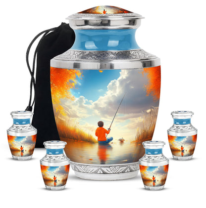 Ocean Teal Fishing Cremation Urn lifestyle display on memorial shelf - contemporary fishing design with modern artistic flair - memorial set with one large and four small urns