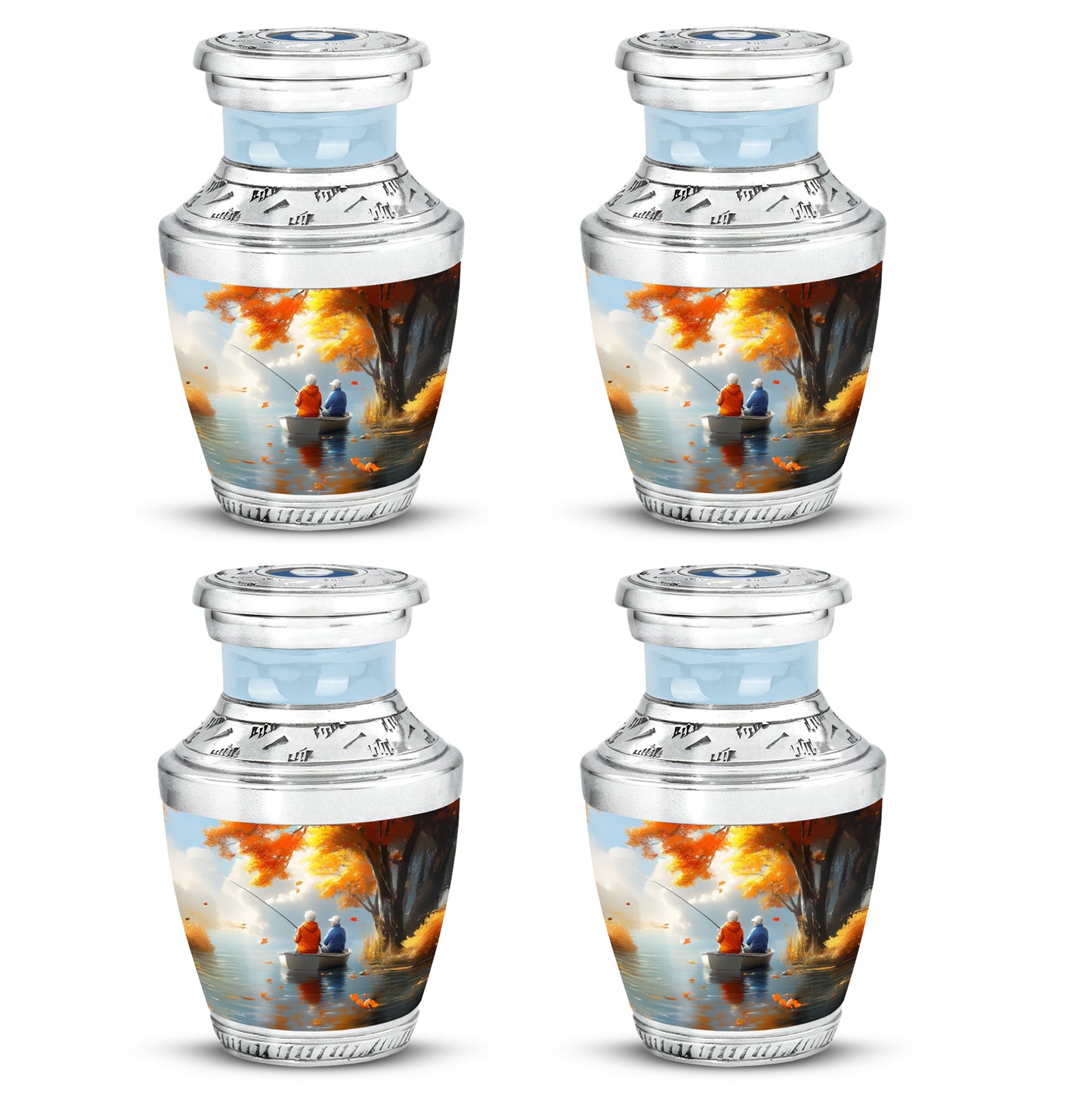 Harvest Gold Fishing Cremation Urn back view with polished surface - artistic fishing interpretation with creative detail - 10 inch aluminum urn for cremated remains