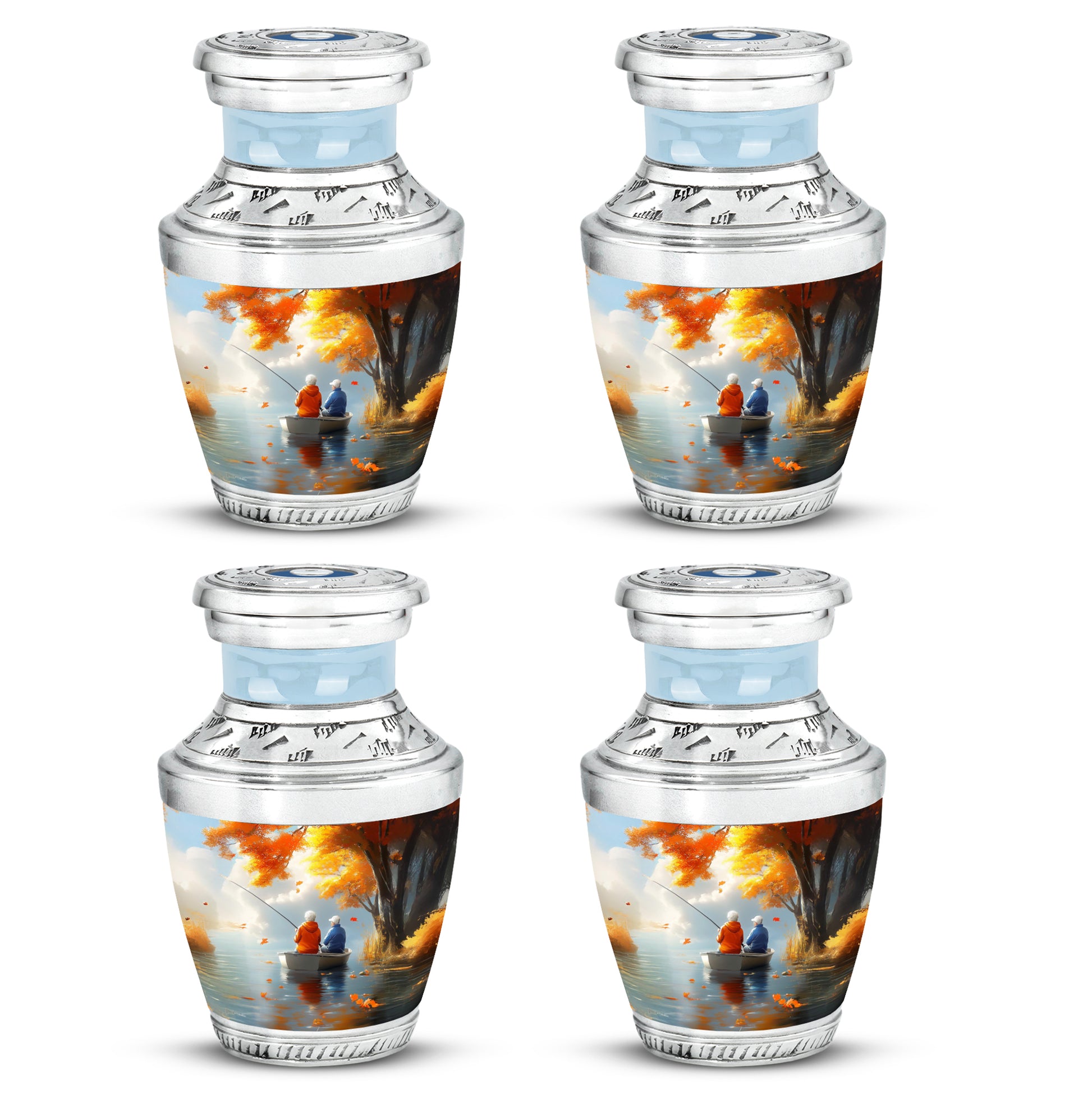 Harvest Gold Fishing Cremation Urn back view with polished surface - artistic fishing interpretation with creative detail - 10 inch aluminum urn for cremated remains