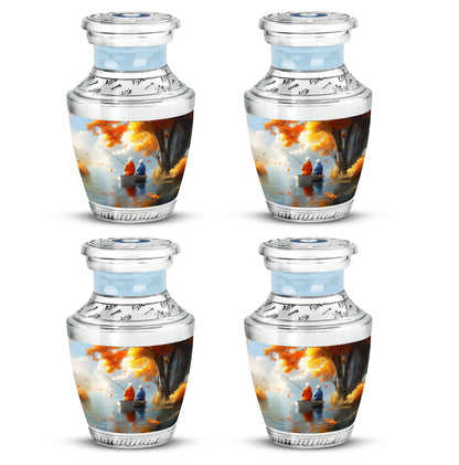 Harvest Gold Fishing Cremation Urn back view with polished surface - artistic fishing interpretation with creative detail - 10 inch aluminum urn for cremated remains