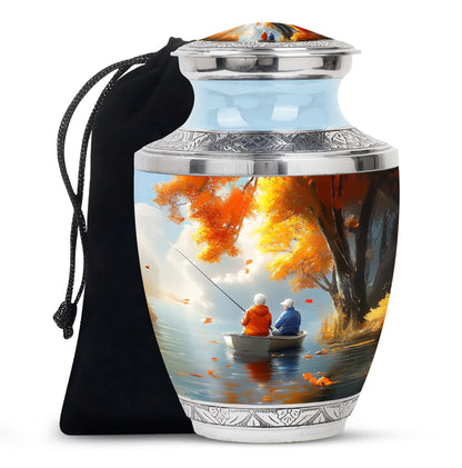 Warm Gold Fishing Cremation Urn side profile showing urn shape - stylized abstract fishing pattern with bold lines - full-size 10 inch 200 cubic inch adult cremation urn