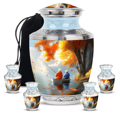 Warm Gold Fishing Cremation Urn lifestyle display on memorial shelf - artistic fishing interpretation with creative detail - memorial set with one large and four small urns