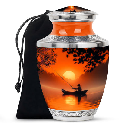 Warm Gold Fishing Cremation Urn side profile showing urn shape - artistic fishing interpretation with creative detail - full-size 10 inch 200 cubic inch adult cremation urn
