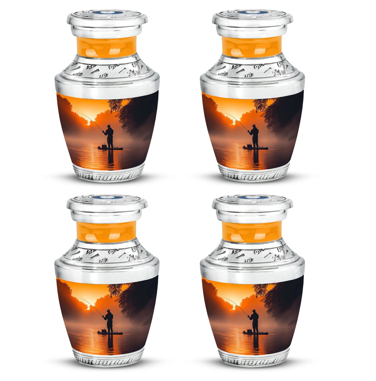 Amber Gold Fishing Cremation Urn back view with polished surface - contemporary fishing design with modern artistic flair - 10 inch aluminum urn for cremated remains