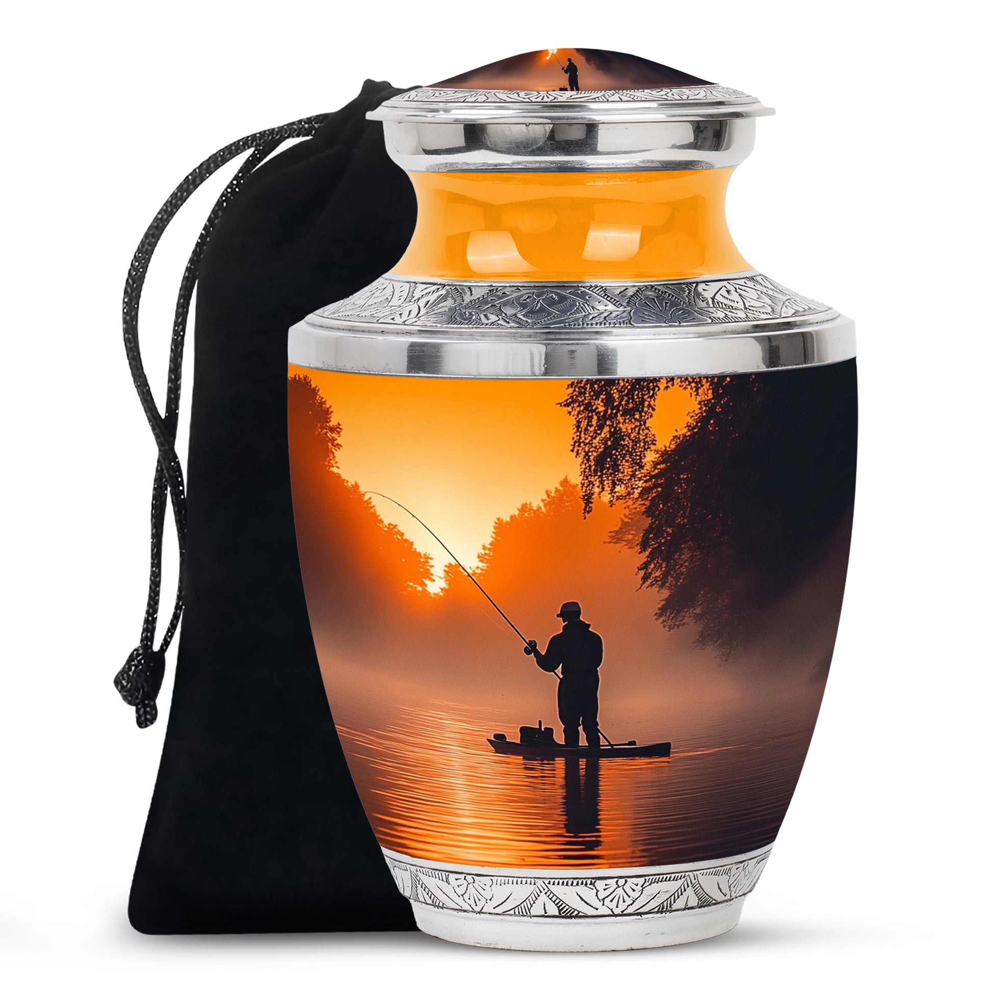 Warm Gold Fishing Cremation Urn side profile showing urn shape - artistic fishing interpretation with creative detail - full-size 10 inch 200 cubic inch adult cremation urn