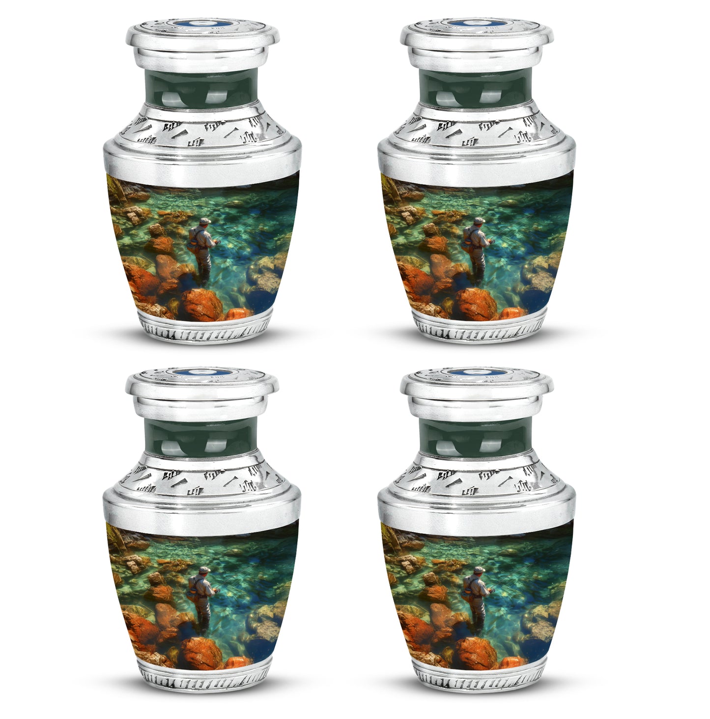 Forest Green Fishing Cremation Urn back view with polished surface - stylized abstract fishing pattern with bold lines - 10 inch aluminum urn for cremated remains