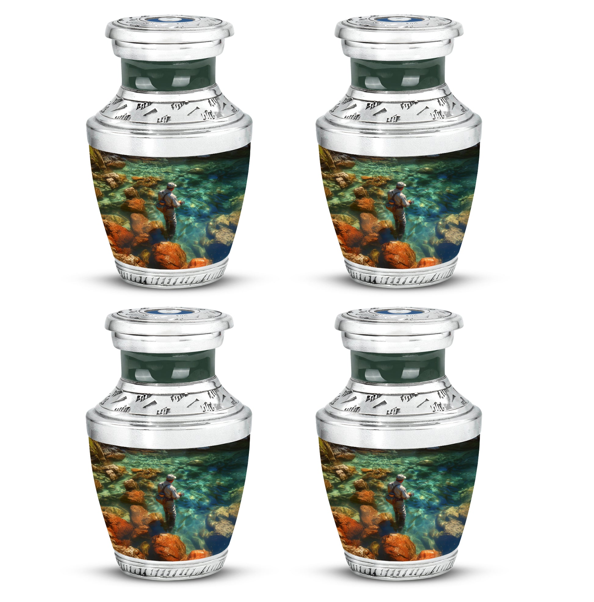 Forest Green Fishing Cremation Urn back view with polished surface - stylized abstract fishing pattern with bold lines - 10 inch aluminum urn for cremated remains