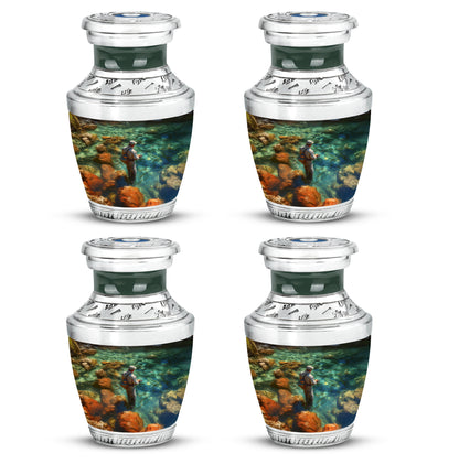 Forest Green Fishing Cremation Urn back view with polished surface - stylized abstract fishing pattern with bold lines - 10 inch aluminum urn for cremated remains