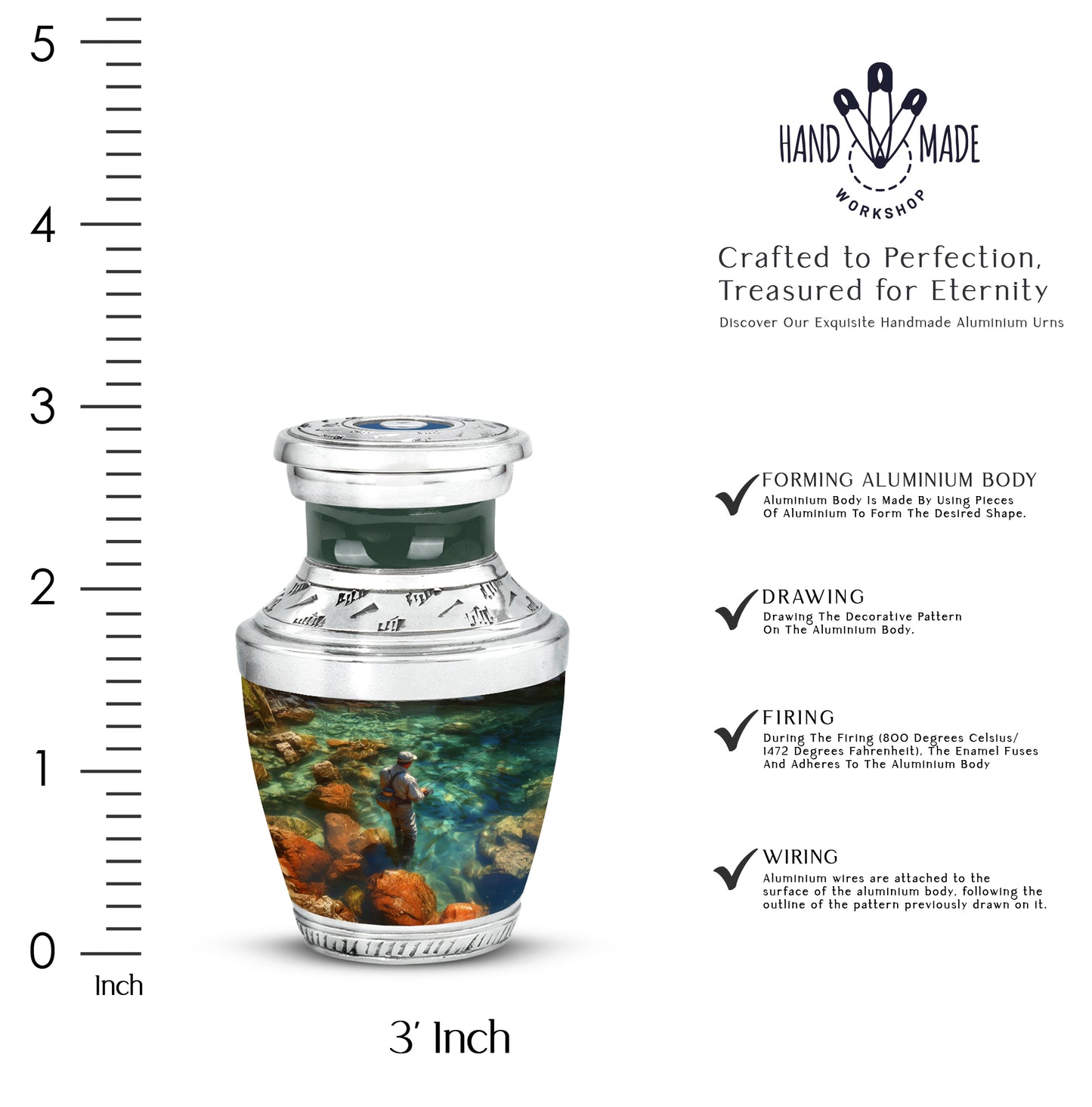 Verdant Green Fishing Cremation Urn top-down view of secure threaded lid - modern art-inspired fishing motif on sleek aluminum - mini keepsake memorial for portion of cremation ashes