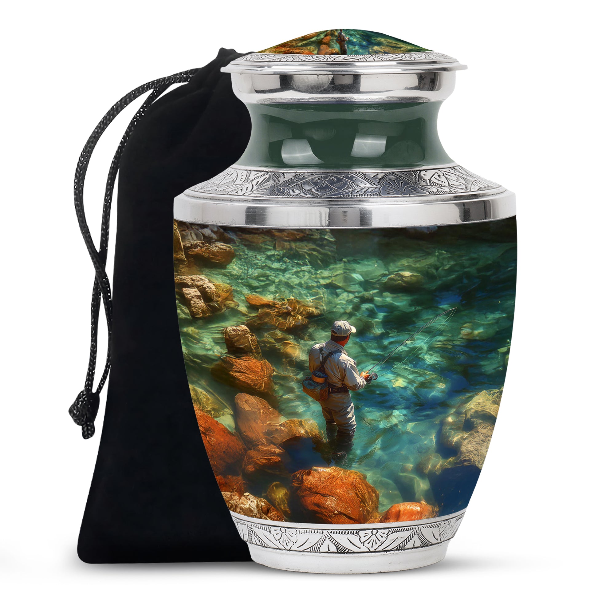 Hunter Green Fishing Cremation Urn side profile showing urn shape - stylized abstract fishing pattern with bold lines - full-size 10 inch 200 cubic inch adult cremation urn