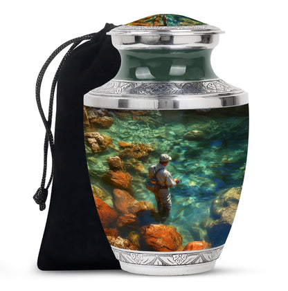 Hunter Green Fishing Cremation Urn side profile showing urn shape - stylized abstract fishing pattern with bold lines - full-size 10 inch 200 cubic inch adult cremation urn
