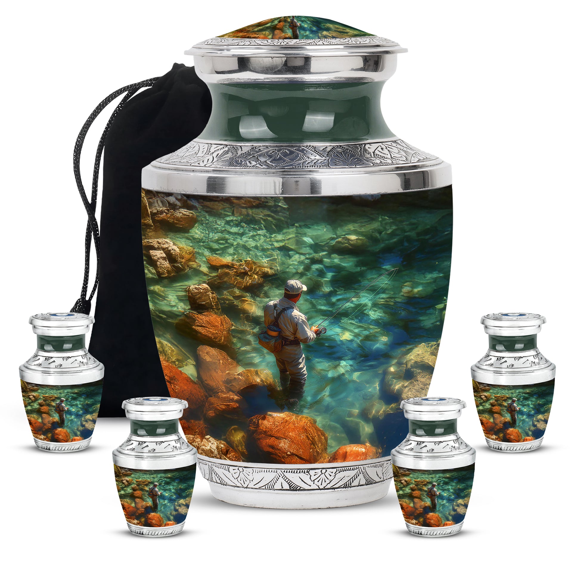 Emerald Green Fishing Cremation Urn lifestyle display on memorial shelf - modern art-inspired fishing motif on sleek aluminum - memorial set with one large and four small urns