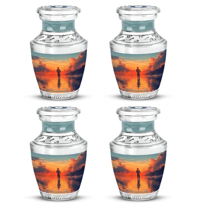 Tropical Teal Fishing Cremation Urn back view with polished surface - artistic fishing interpretation with creative detail - 10 inch aluminum urn for cremated remains