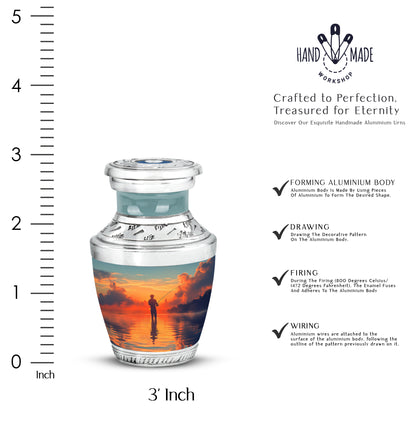 Jewel Teal Fishing Cremation Urn top-down view of secure threaded lid - contemporary fishing design with modern artistic flair - mini keepsake memorial for portion of cremation ashes