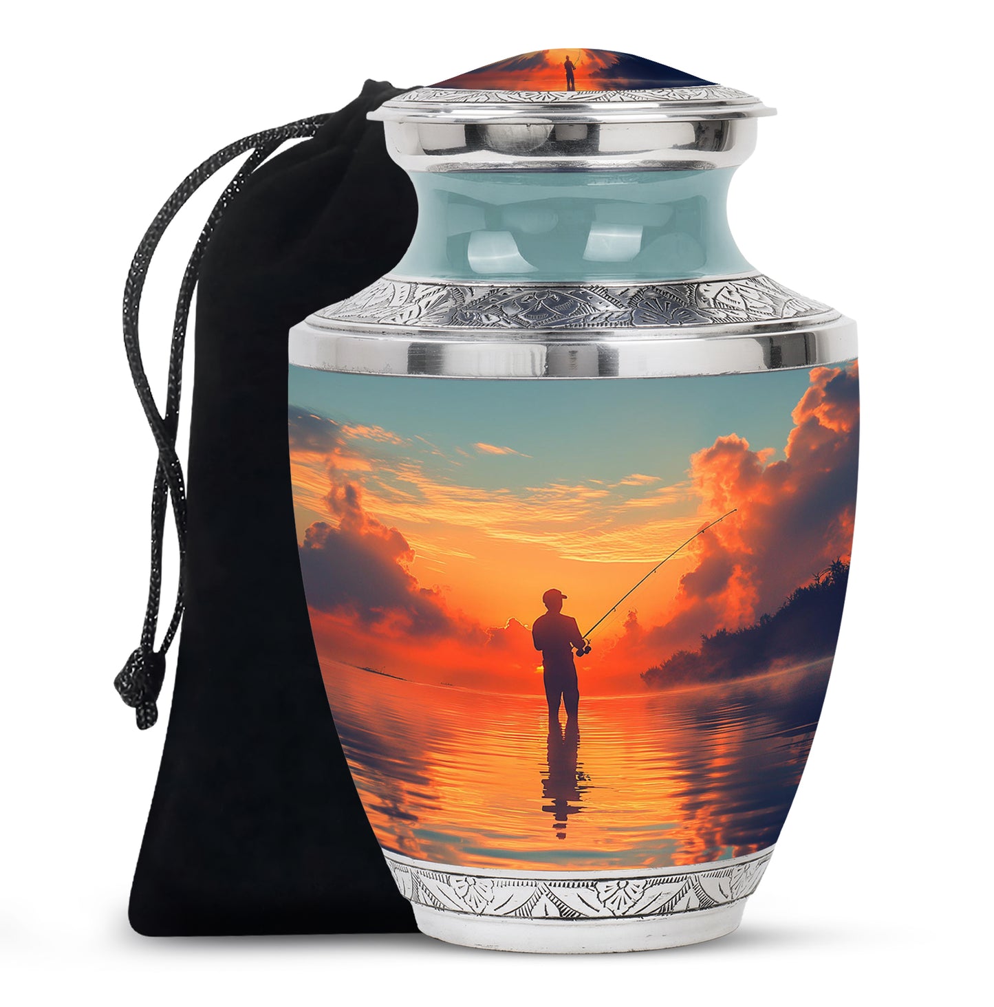 Mystic Teal Fishing Cremation Urn side profile showing urn shape - artistic fishing interpretation with creative detail - full-size 10 inch 200 cubic inch adult cremation urn