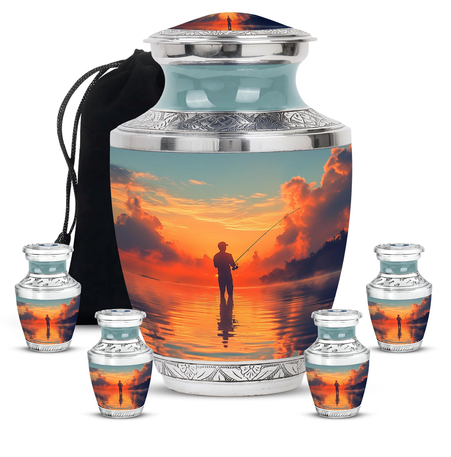 Vivid Teal Fishing Cremation Urn lifestyle display on memorial shelf - stylized abstract fishing pattern with bold lines - memorial set with one large and four small urns