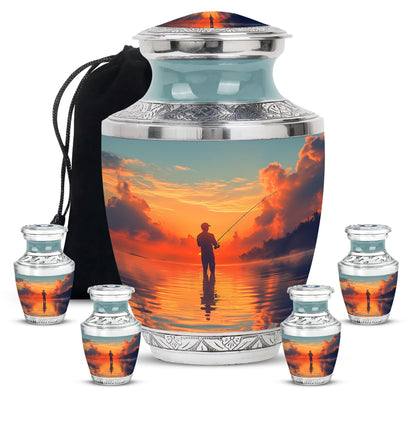 Vivid Teal Fishing Cremation Urn lifestyle display on memorial shelf - stylized abstract fishing pattern with bold lines - memorial set with one large and four small urns