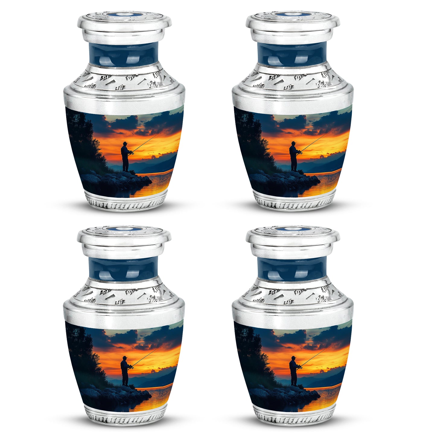 Misty Blue Fishing Cremation Urn back view with polished surface - contemporary fishing design with modern artistic flair - 10 inch aluminum urn for cremated remains