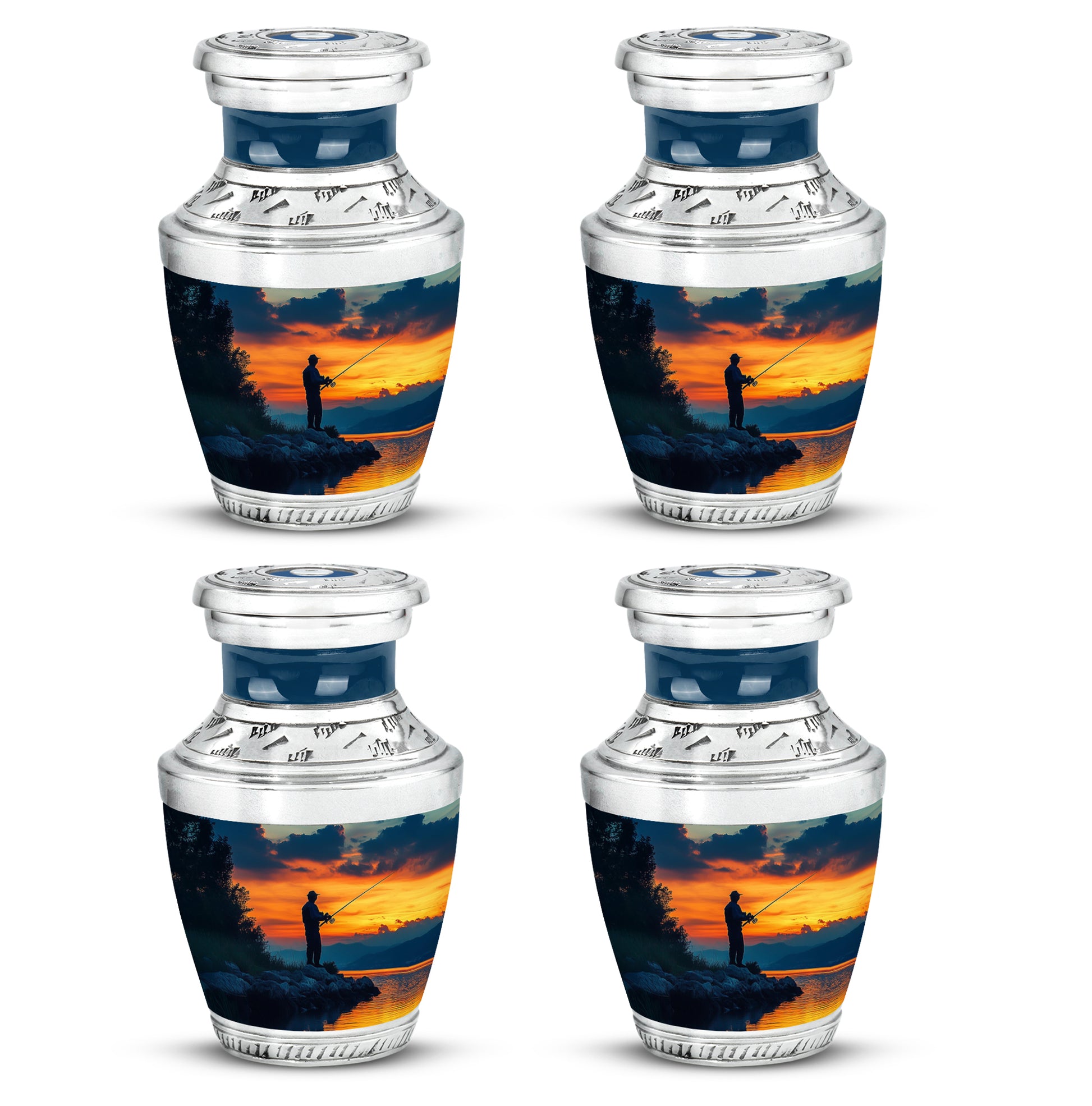 Misty Blue Fishing Cremation Urn back view with polished surface - contemporary fishing design with modern artistic flair - 10 inch aluminum urn for cremated remains