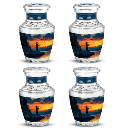 Misty Blue Fishing Cremation Urn back view with polished surface - contemporary fishing design with modern artistic flair - 10 inch aluminum urn for cremated remains
