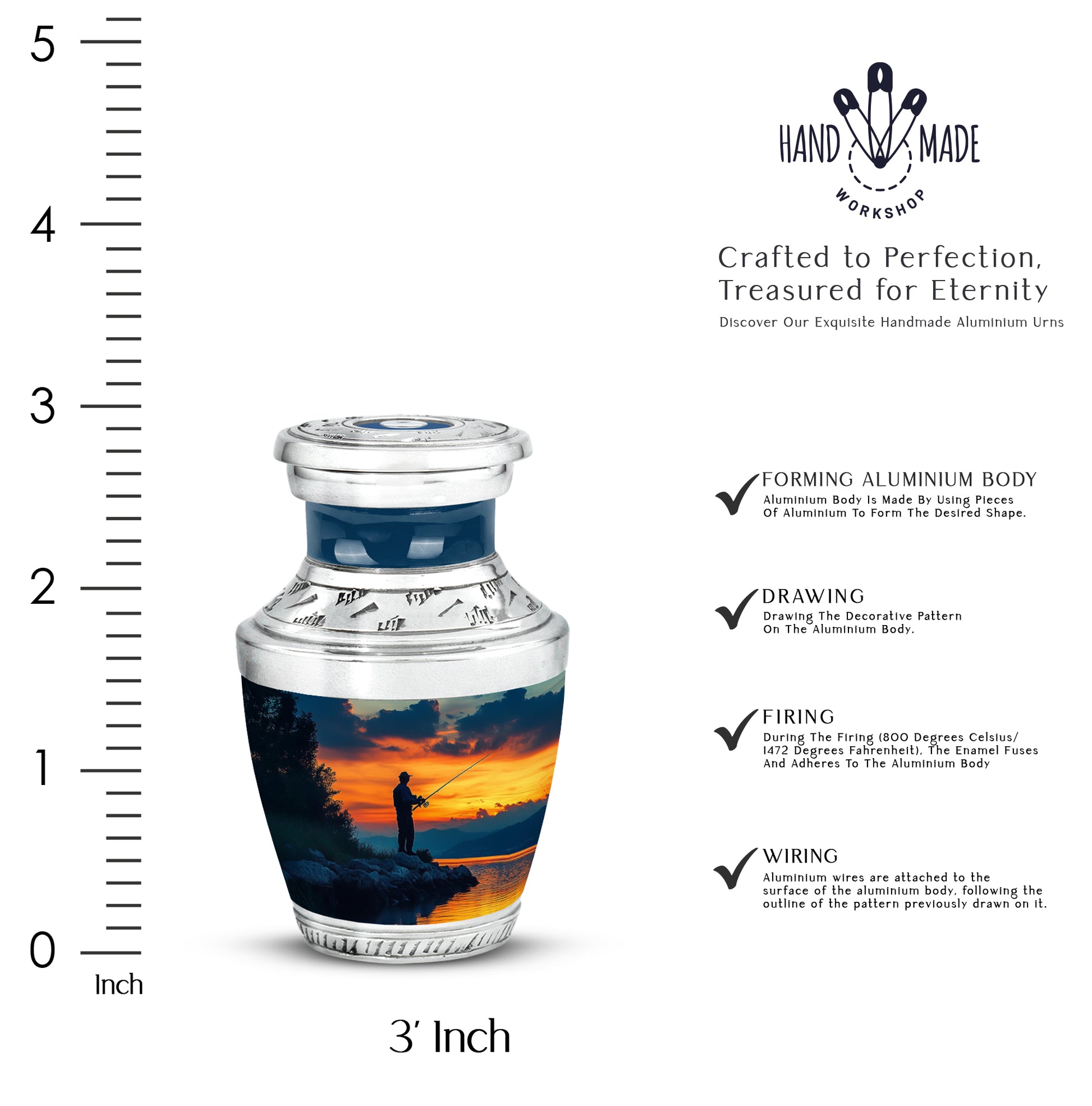Bright Blue Fishing Cremation Urn top-down view of secure threaded lid - stylized abstract fishing pattern with bold lines - mini keepsake memorial for portion of cremation ashes