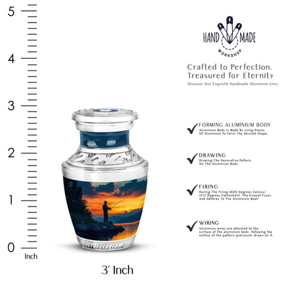 Bright Blue Fishing Cremation Urn top-down view of secure threaded lid - stylized abstract fishing pattern with bold lines - mini keepsake memorial for portion of cremation ashes