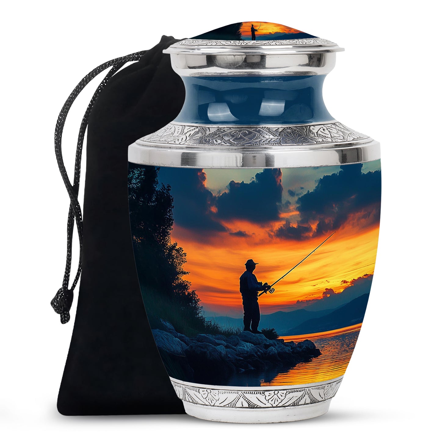 Navy Blue Fishing Cremation Urn side profile showing urn shape - modern art-inspired fishing motif on sleek aluminum - full-size 10 inch 200 cubic inch adult cremation urn