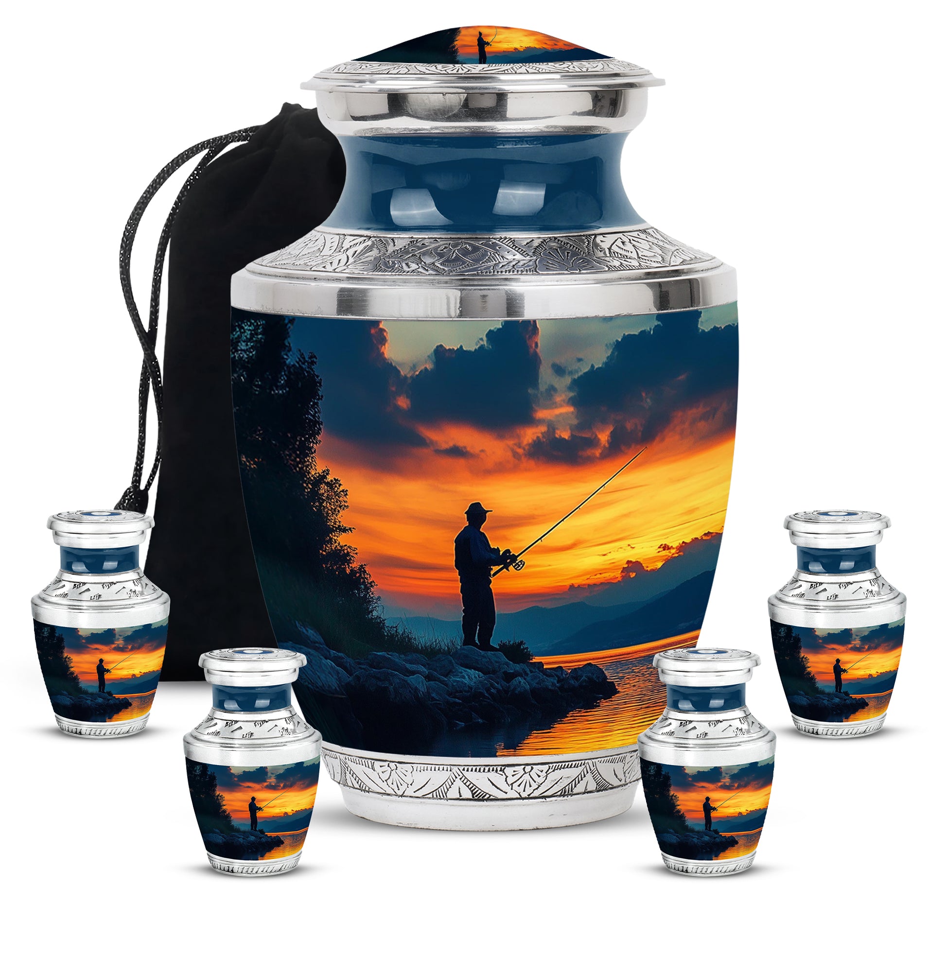 Sky Blue Fishing Cremation Urn lifestyle display on memorial shelf - modern art-inspired fishing motif on sleek aluminum - memorial set with one large and four small urns