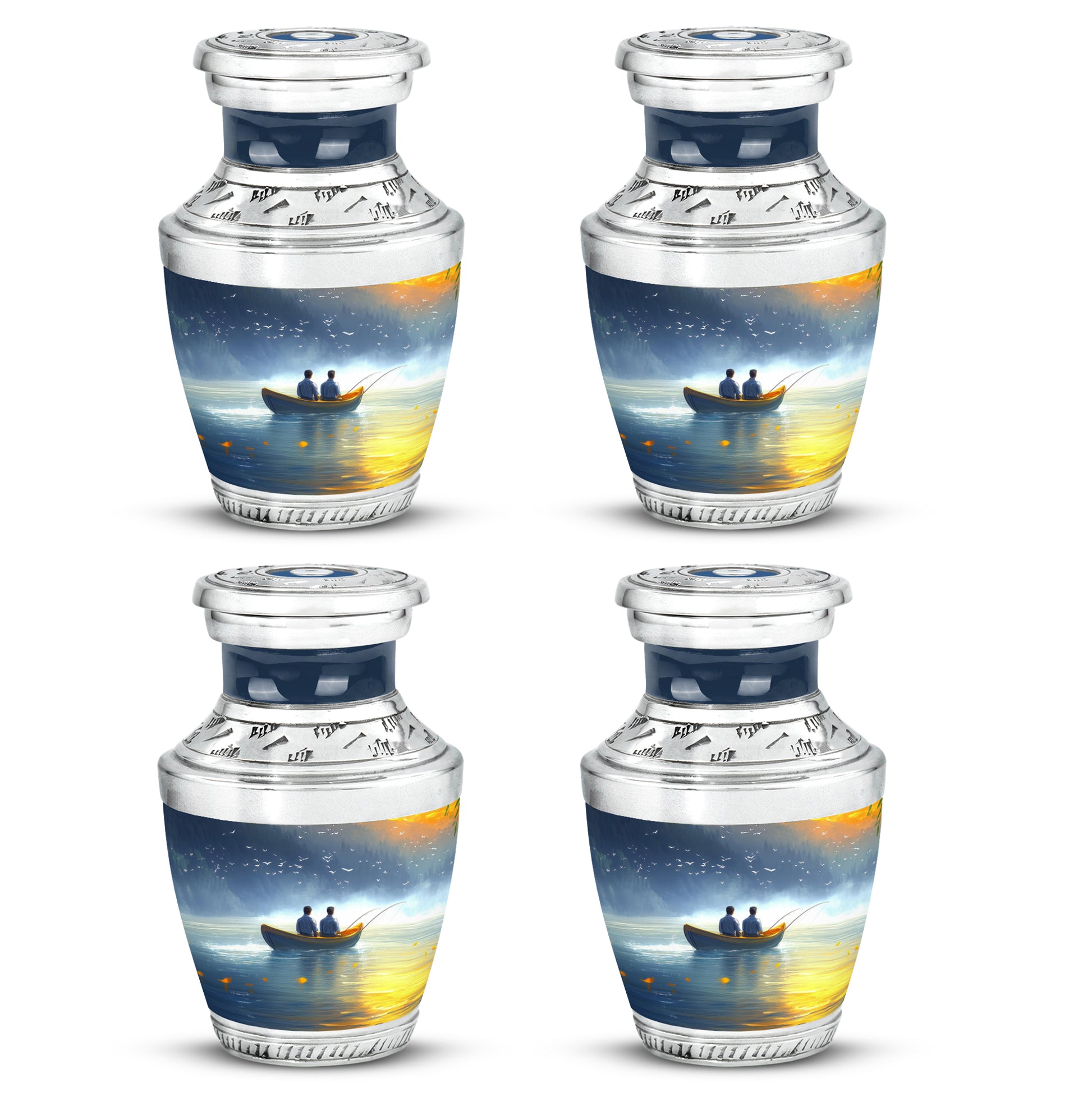 Powder Blue Fishing Cremation Urn back view with polished surface - contemporary fishing design with modern artistic flair - 10 inch aluminum urn for cremated remains