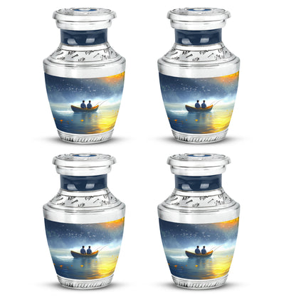 Powder Blue Fishing Cremation Urn back view with polished surface - contemporary fishing design with modern artistic flair - 10 inch aluminum urn for cremated remains