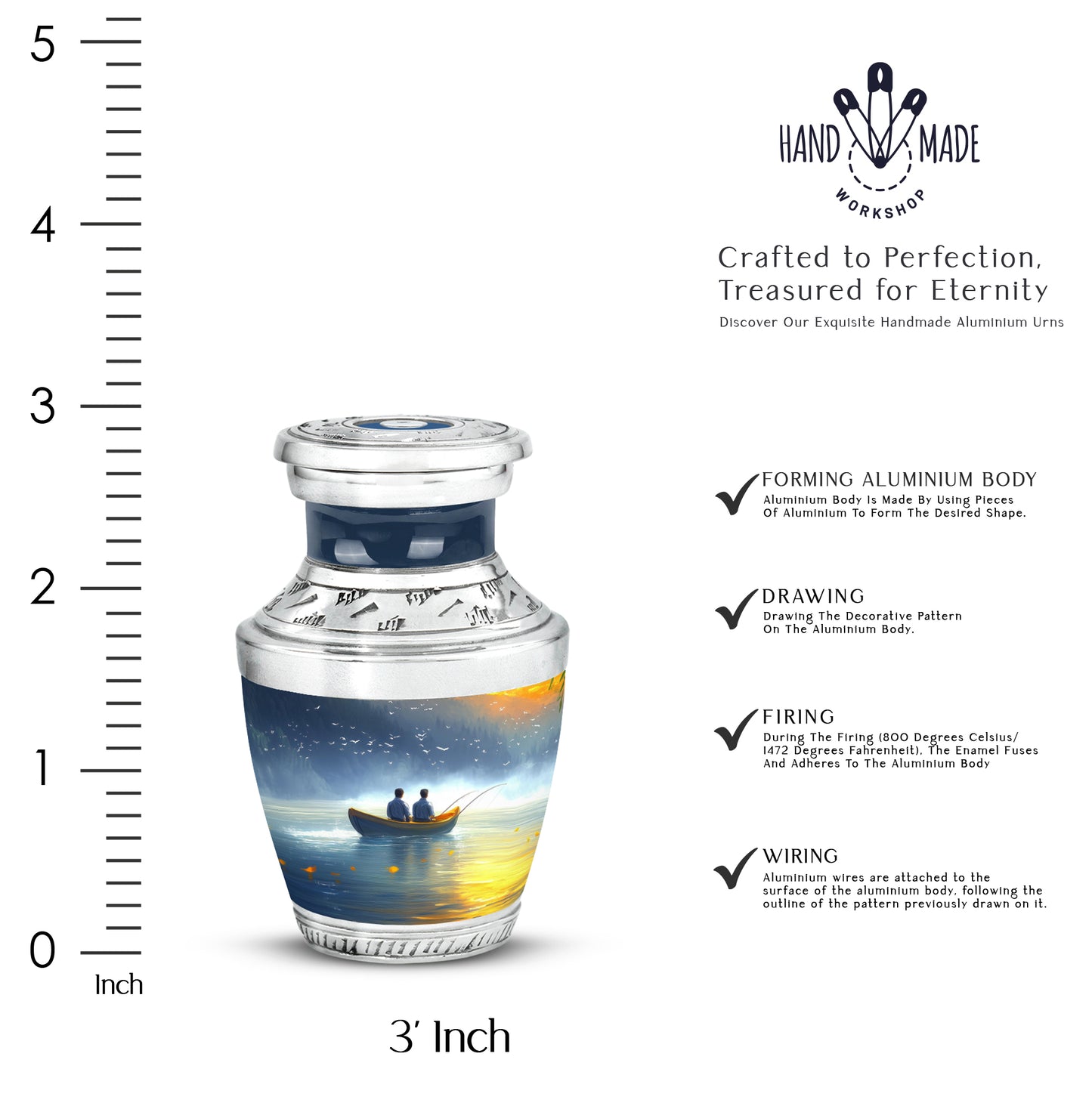 Sky Blue Fishing Cremation Urn top-down view of secure threaded lid - modern art-inspired fishing motif on sleek aluminum - mini keepsake memorial for portion of cremation ashes