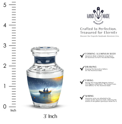 Sky Blue Fishing Cremation Urn top-down view of secure threaded lid - modern art-inspired fishing motif on sleek aluminum - mini keepsake memorial for portion of cremation ashes