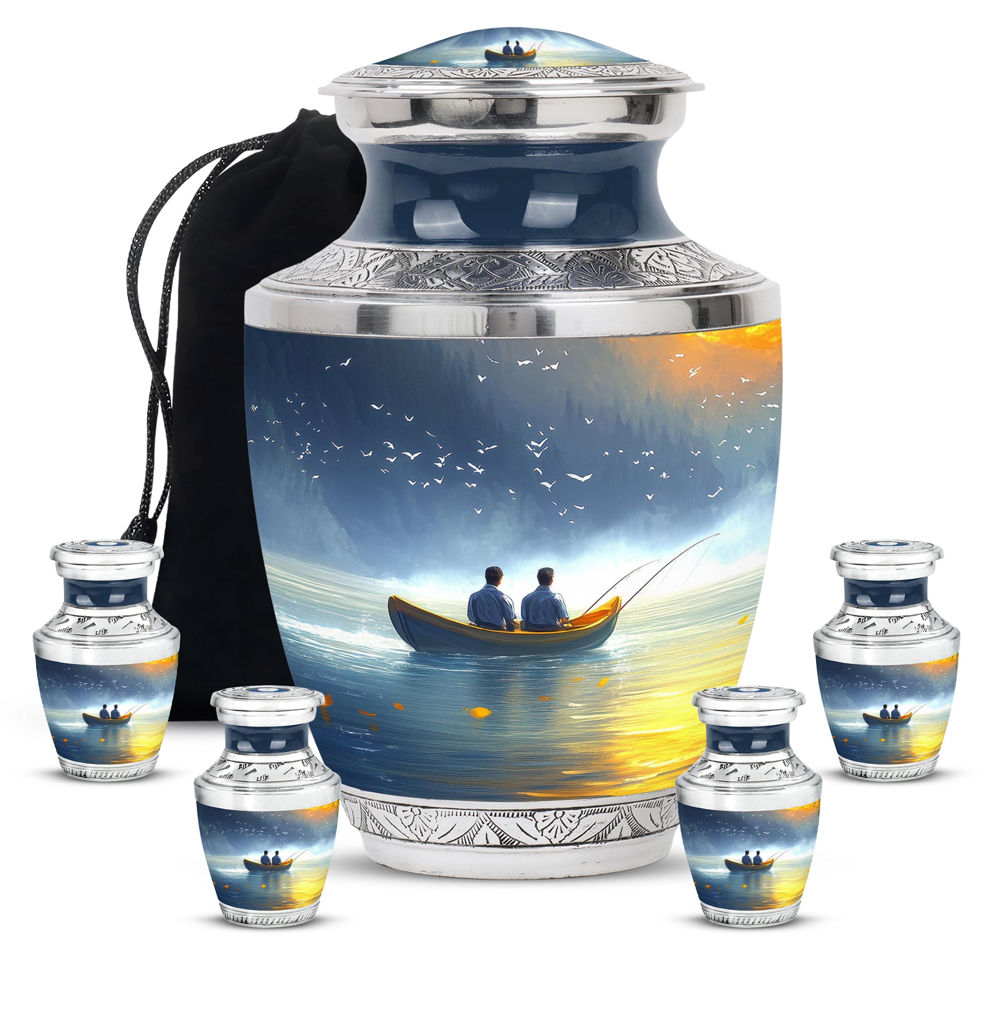 Dusty Blue Fishing Cremation Urn lifestyle display on memorial shelf - modern art-inspired fishing motif on sleek aluminum - memorial set with one large and four small urns