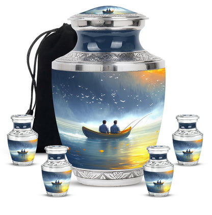 Dusty Blue Fishing Cremation Urn lifestyle display on memorial shelf - modern art-inspired fishing motif on sleek aluminum - memorial set with one large and four small urns