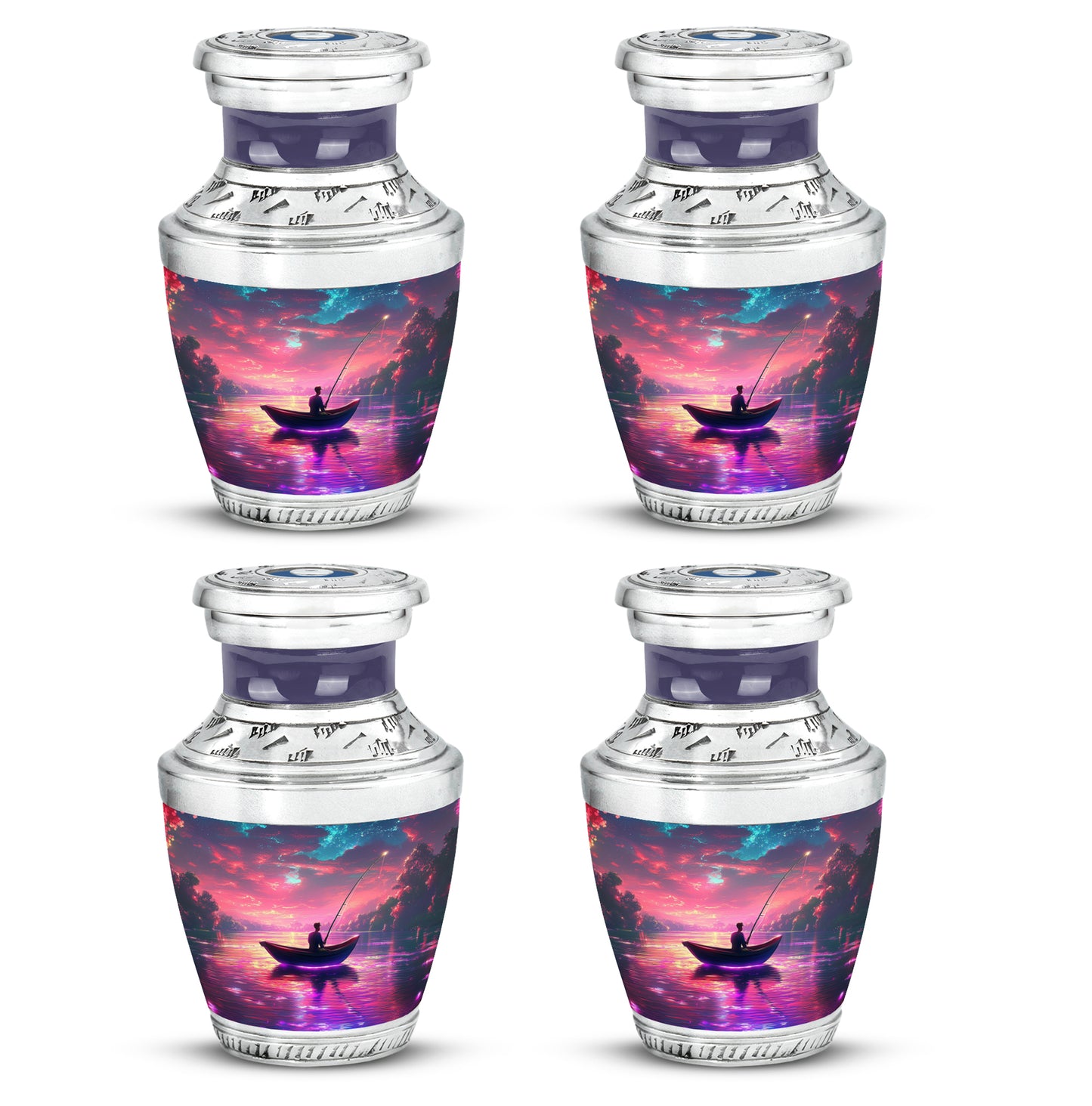 Peony Pink Fishing Cremation Urn back view with polished surface - modern art-inspired fishing motif on sleek aluminum - 10 inch aluminum urn for cremated remains