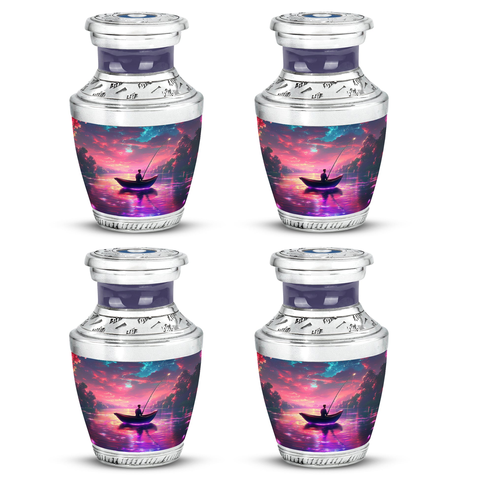 Peony Pink Fishing Cremation Urn back view with polished surface - modern art-inspired fishing motif on sleek aluminum - 10 inch aluminum urn for cremated remains