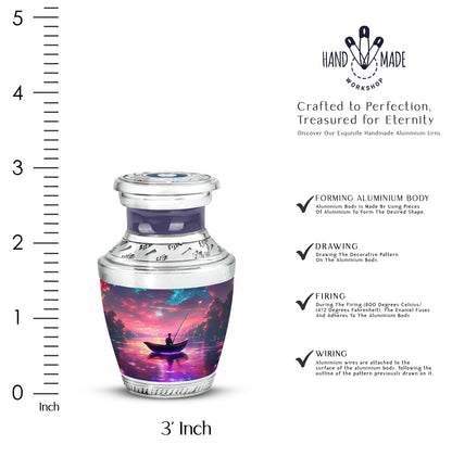 Soft Pink Fishing Cremation Urn top-down view of secure threaded lid - stylized abstract fishing pattern with bold lines - mini keepsake memorial for portion of cremation ashes