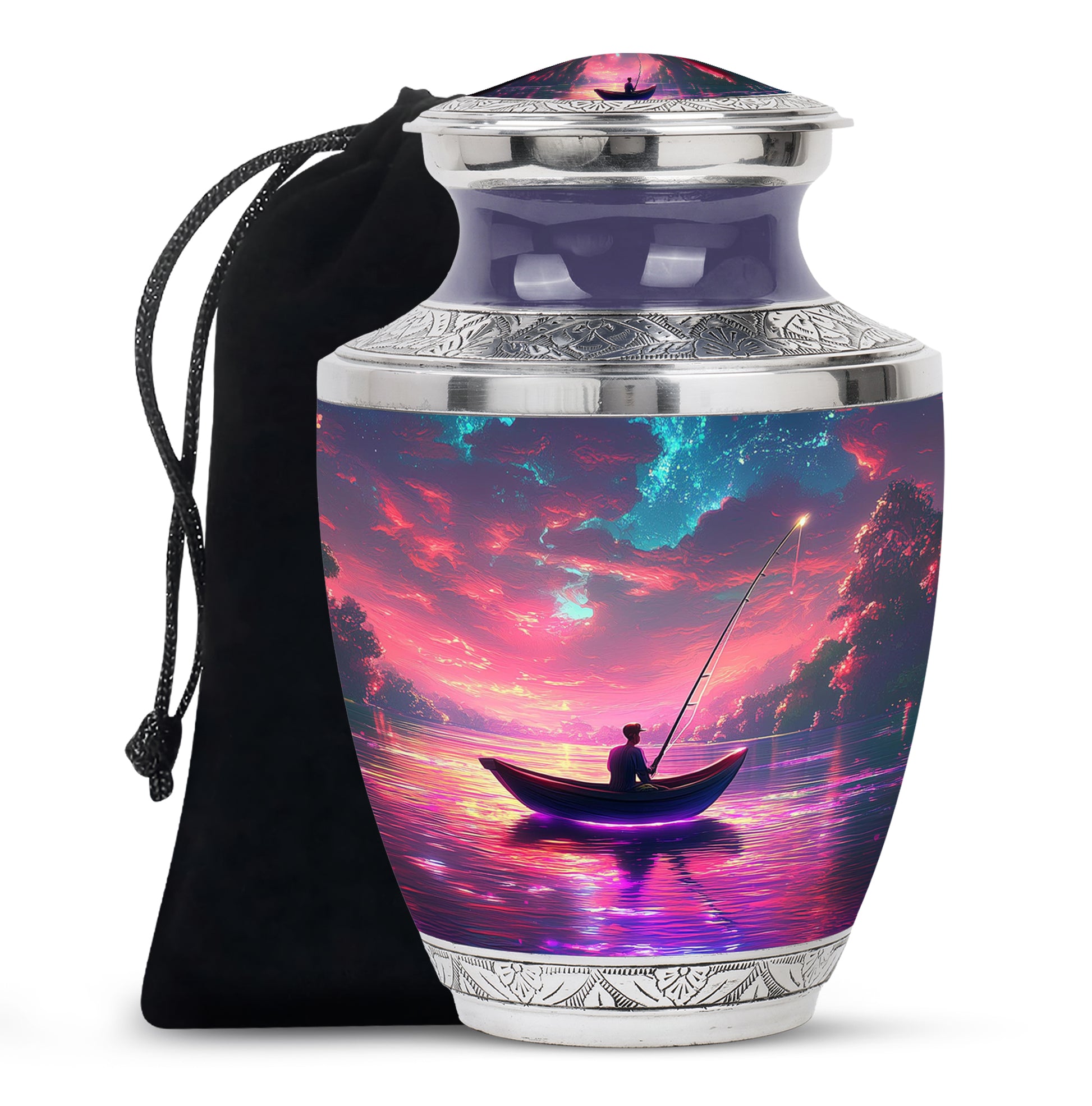 Vintage Pink Fishing Cremation Urn side profile showing urn shape - artistic fishing interpretation with creative detail - full-size 10 inch 200 cubic inch adult cremation urn