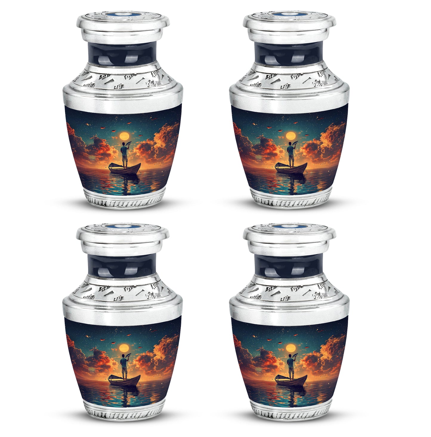 Vivid Teal Fishing Cremation Urn back view with polished surface - artistic fishing interpretation with creative detail - 10 inch aluminum urn for cremated remains