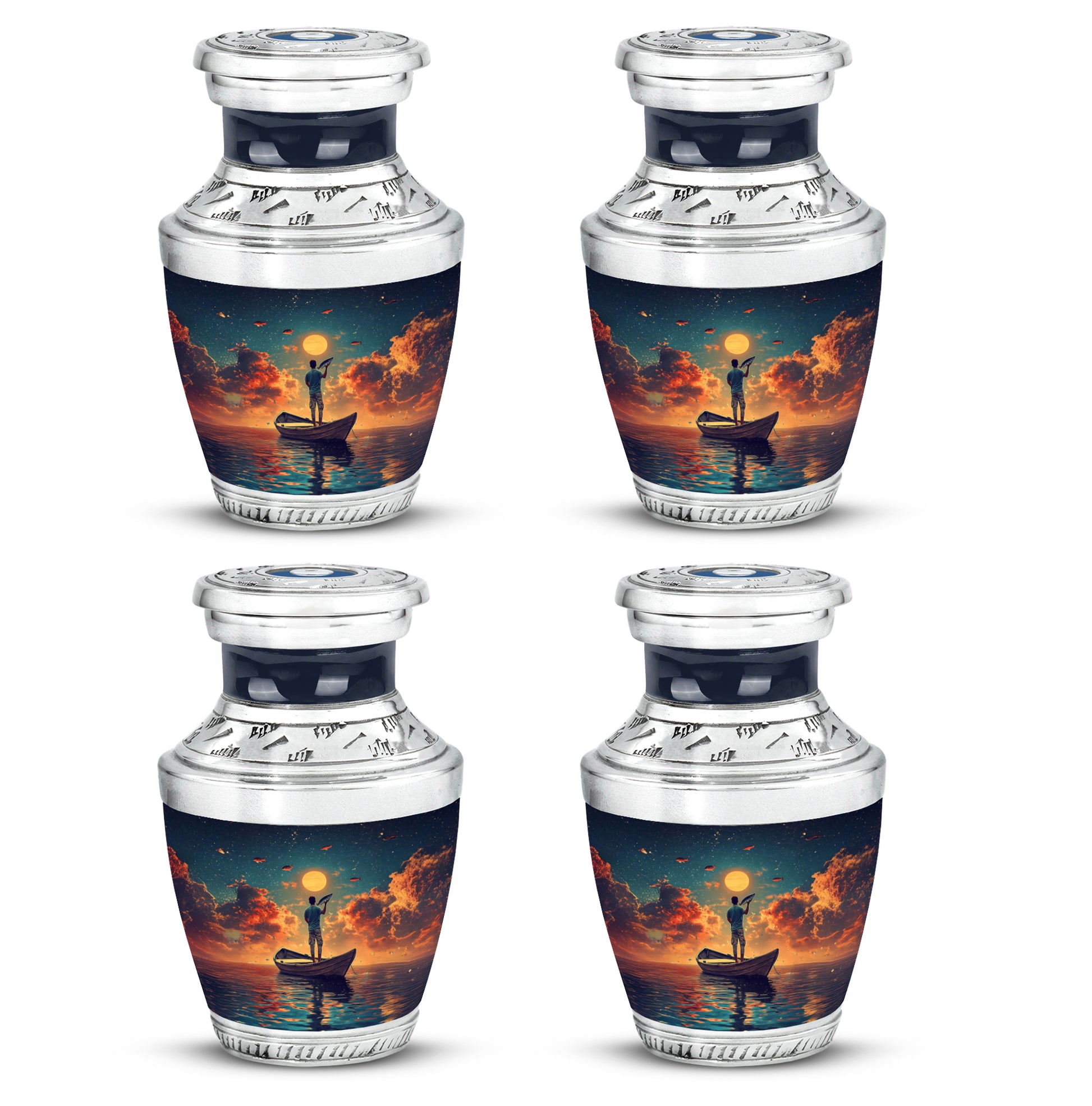 Vivid Teal Fishing Cremation Urn back view with polished surface - artistic fishing interpretation with creative detail - 10 inch aluminum urn for cremated remains