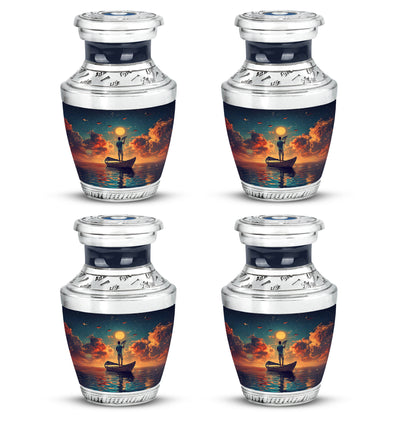 Vivid Teal Fishing Cremation Urn back view with polished surface - artistic fishing interpretation with creative detail - 10 inch aluminum urn for cremated remains