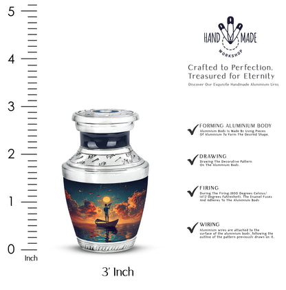 Soft Teal Fishing Cremation Urn top-down view of secure threaded lid - contemporary fishing design with modern artistic flair - mini keepsake memorial for portion of cremation ashes