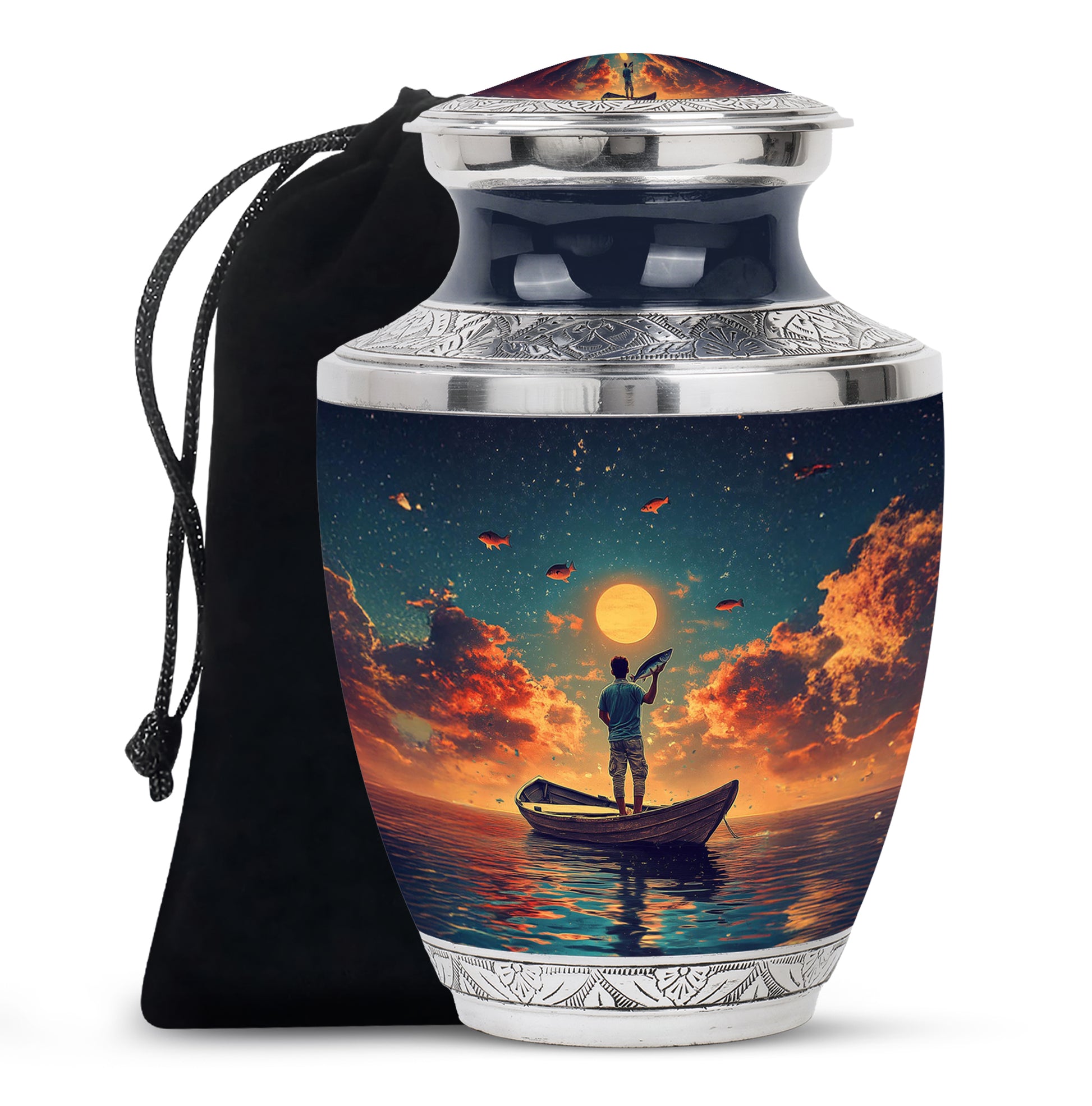 Soft Teal Fishing Cremation Urn side profile showing urn shape - contemporary fishing design with modern artistic flair - full-size 10 inch 200 cubic inch adult cremation urn