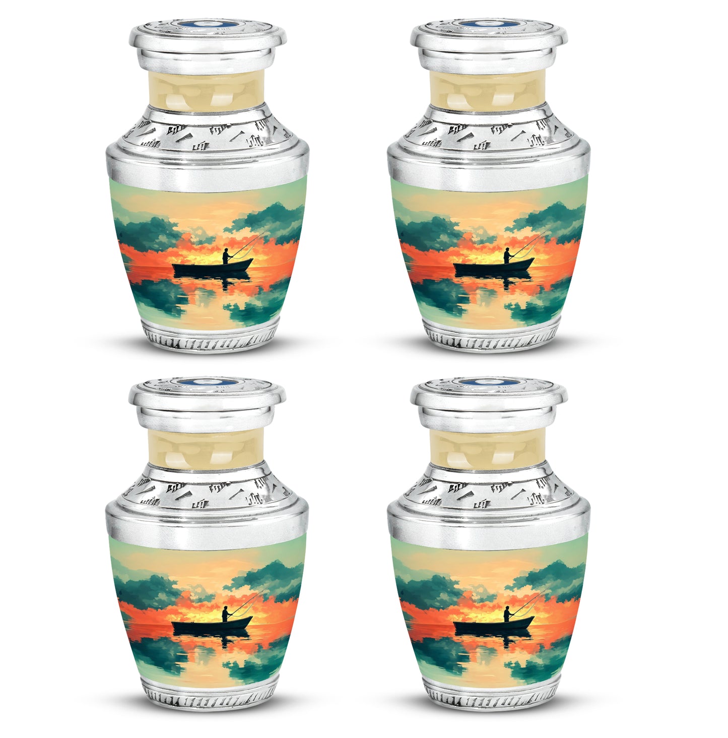 Antique Gold Fishing Cremation Urn back view with polished surface - contemporary fishing design with modern artistic flair - 10 inch aluminum urn for cremated remains