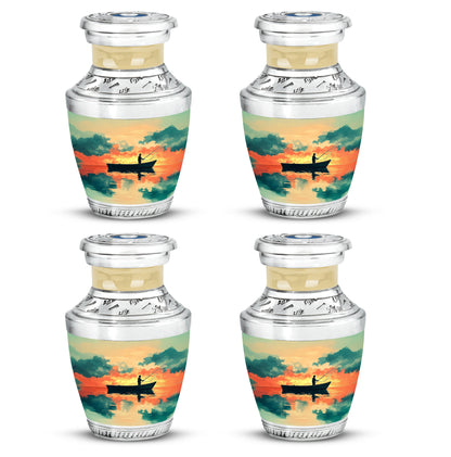 Antique Gold Fishing Cremation Urn back view with polished surface - contemporary fishing design with modern artistic flair - 10 inch aluminum urn for cremated remains