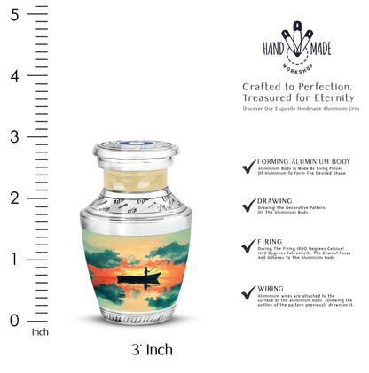Royal Gold Fishing Cremation Urn top-down view of secure threaded lid - stylized abstract fishing pattern with bold lines - mini keepsake memorial for portion of cremation ashes