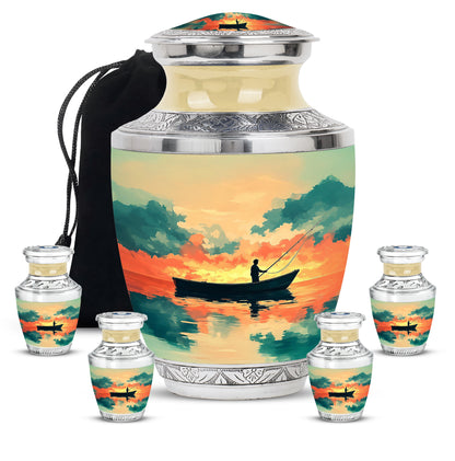 Champagne Gold Fishing Cremation Urn lifestyle display on memorial shelf - contemporary fishing design with modern artistic flair - memorial set with one large and four small urns
