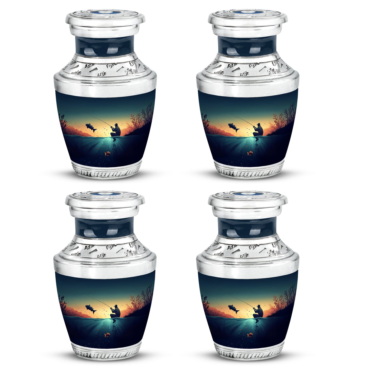 Aqua Teal Fishing Cremation Urn back view with polished surface - stylized abstract fishing pattern with bold lines - 10 inch aluminum urn for cremated remains